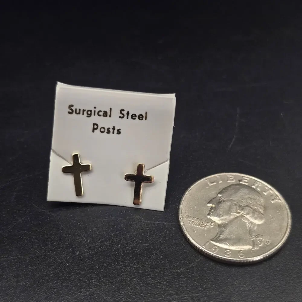 Gold Tone Cross Stud Earrings Surgical Steel Posts Religious Dainty Jewelry